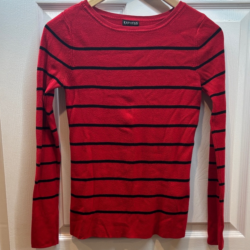 Express Women's Red and Black Striped Long Sleeve Top